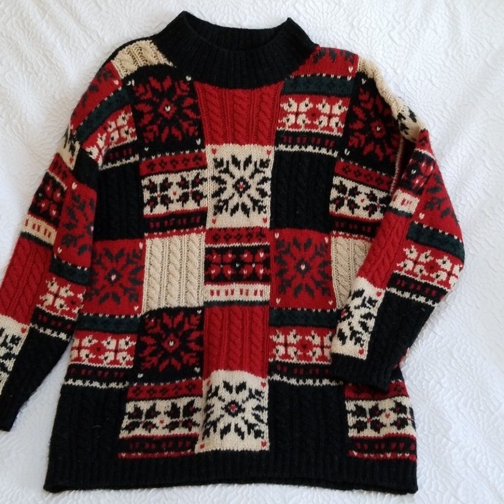 VTG Prides Landing Women WOOL Winter, Snowflake KNIT Patchwork Sweater - Picture 11 of 14